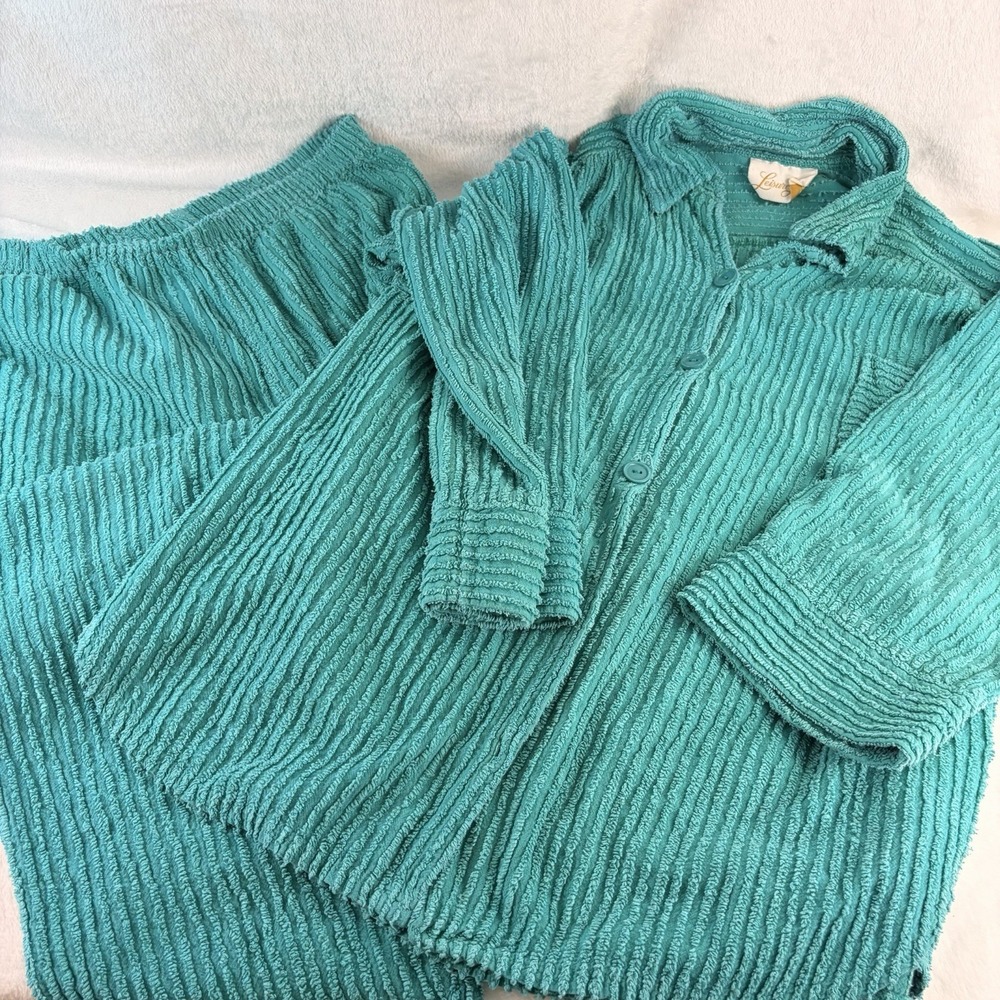 Vintage Leisure Life Teal Terry Cloth Loungewear Set 2 Piece Top Pants Med‎ EVC